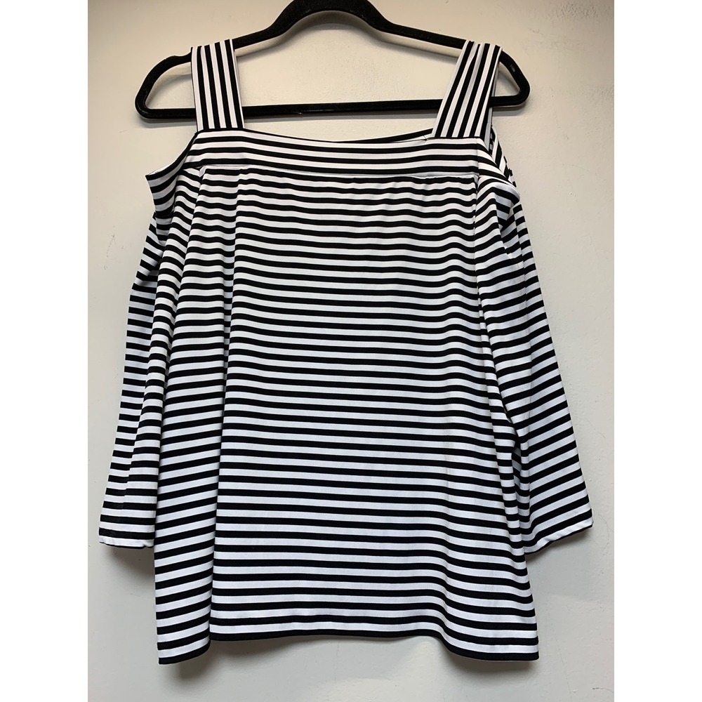 Chico's Cold Shoulder Top Women Size 2 Black White Striped Excellent 3/4 Sleeve